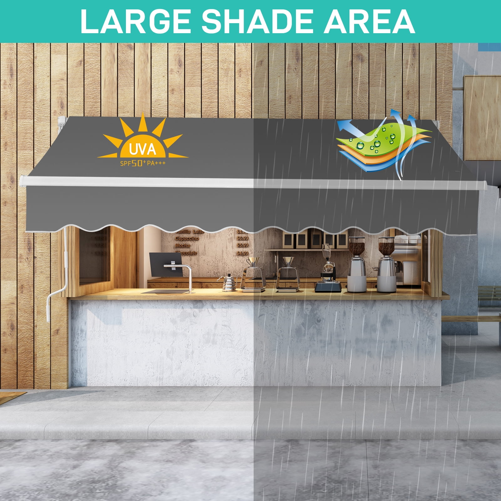 Ktaxon 13 x 8 Ft  Manual Retractable Patio Awning,  Adjustable Outdoor Awing Sunshade Shelter with Aluminum Alloy,  280g/m² UV & Water-Resistant Fabric for Deck, Balcony - Gray