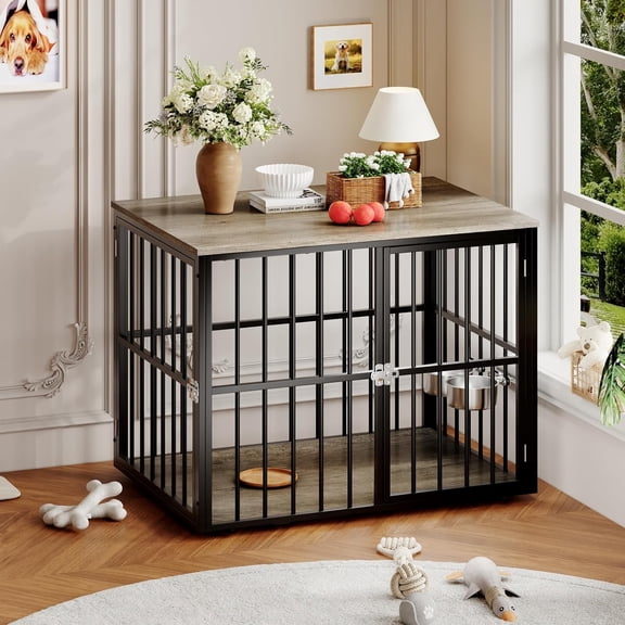 Historyli Large Dog Crate Furniture-43in with Double Doors,Heavy Duty Wooden Dog Kennel-Indoor Pet Cage House,Furniture Style Crate End Table for Large/Medium Dogs