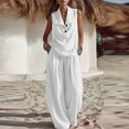 thumbnail image 2 of Women's 2 Piece Lounge Outfits Lapel Collar Cowl Neck Sleeveless Tank Tops and Baggy Wide Leg Pants Lightweight Vacation Outfits White, 2 of 6