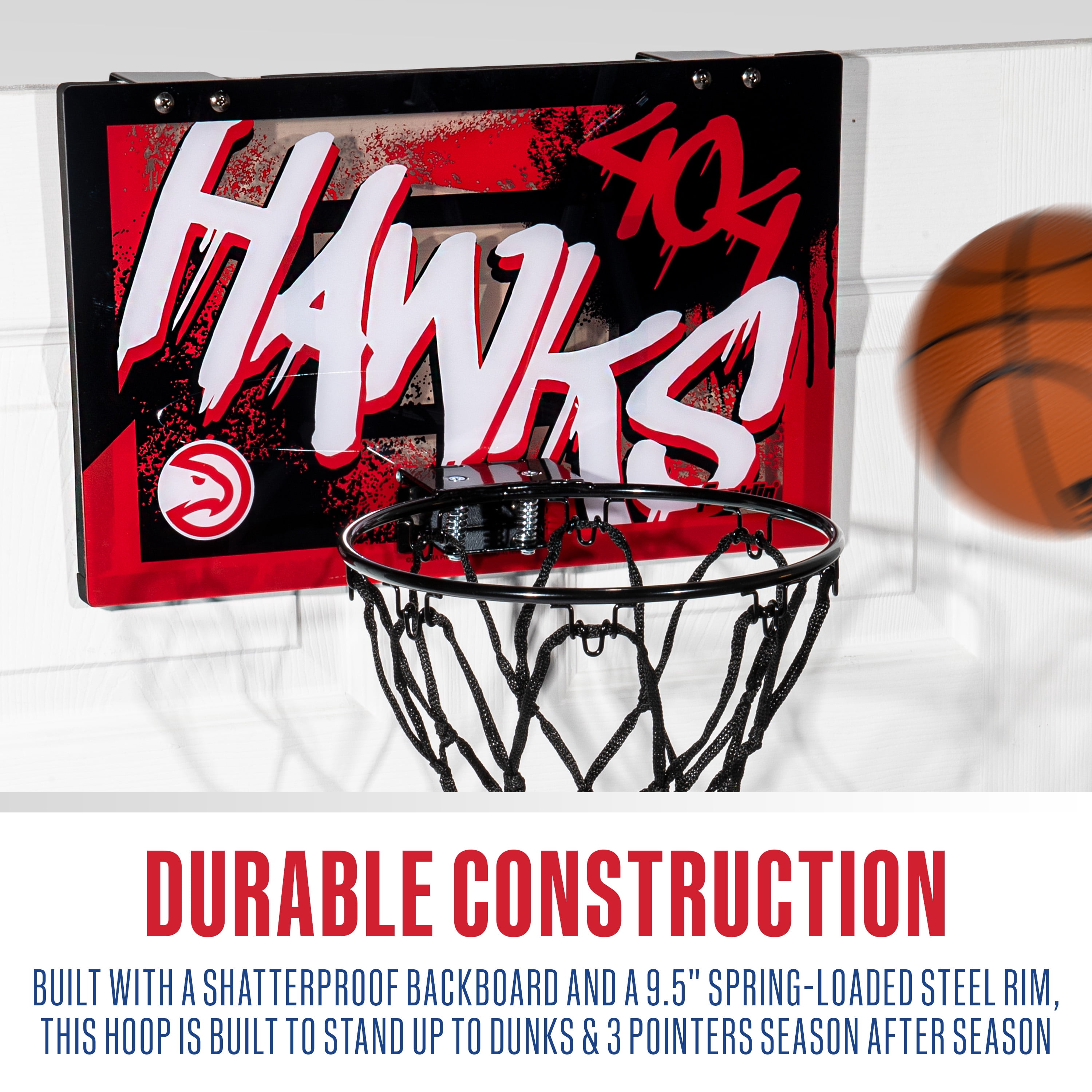 Franklin Sports NBA Atlanta Hawks Over the Door Basketball Hoop - Kids Indoor Basketball Hoop with Mini Basketball - NBA Fan Shop Mini Hoop for Bedroom + Office - Over the Door Mini Hoop Set
