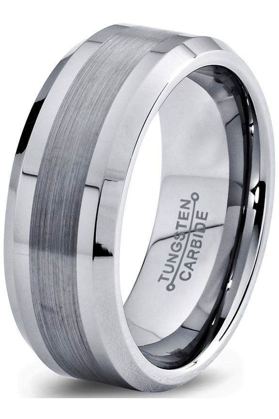 8mm Silver Gray Grey Beveled Edge Brushed Polished Classic Tungsten Carbide Wedding Band Ring for Men Women Comfort Fit Engagement Anniversary Size 15