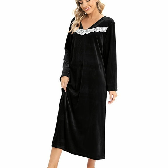 WBQ Womens Nightgown Velvet Sleepwear House Dress Long Sleeve Calf-Length Nightdress Fall Winter Soft Loose Fit Vintage Loungewear, Black S