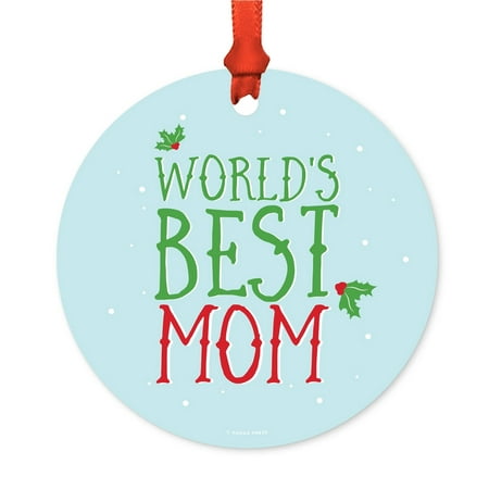 Metal Christmas Ornament, World's Best Mom, Holiday Mistletoe, Includes Ribbon and Gift