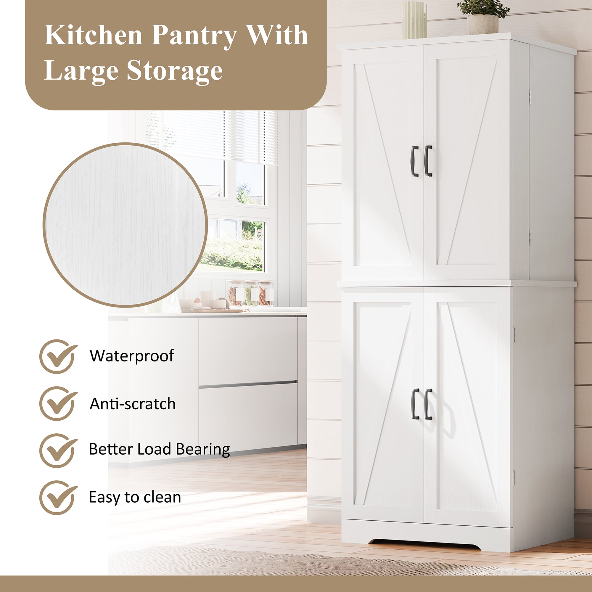 Walsunny Pantry Cabinets with Drawer Doors Shelves 67 Inches Tall Wooden Food Storage Cabinet Freestanding for Microwave Kitchen Storage Dining Room White