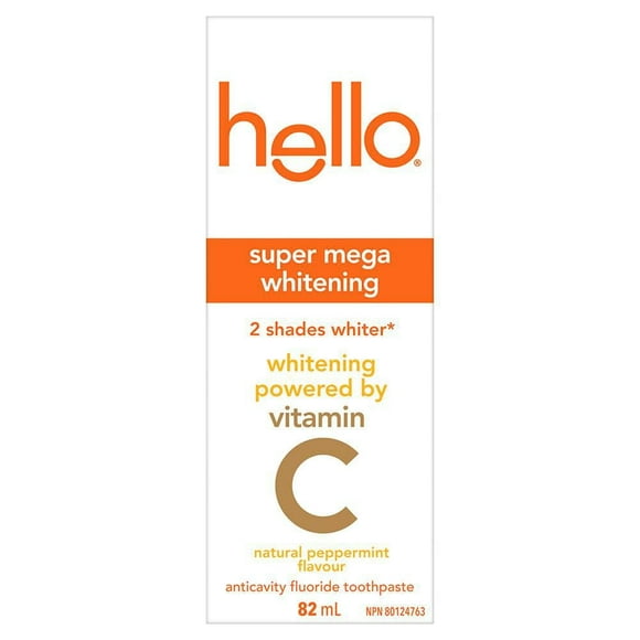 Hello Super Mega Whitening Toothpaste with Fluoride, Whitening Toothpaste Powered by Vitamin C, Helps Whiten Teeth Up to 2 Shades Whiter, Natural Peppermint Flavour, 82 mL Tube, Hello Toothpaste