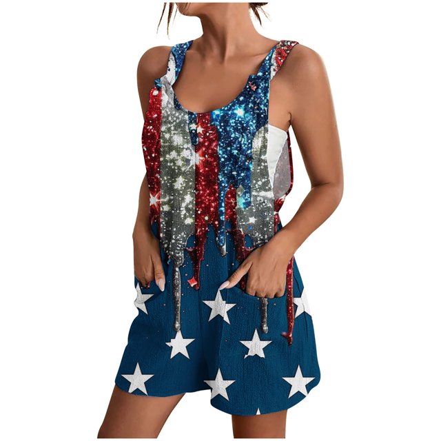 Timegard Womens Independence Day Rompers Summer Print Lightweight Scoop Neck Short Overalls with Pockets