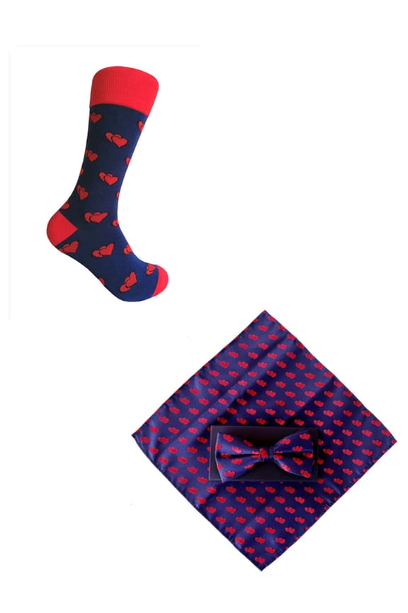 Valentine's Day Men's Link Heart Pattern Socks with Bowtie and Pocket Square Set Package In Navy with Red Color