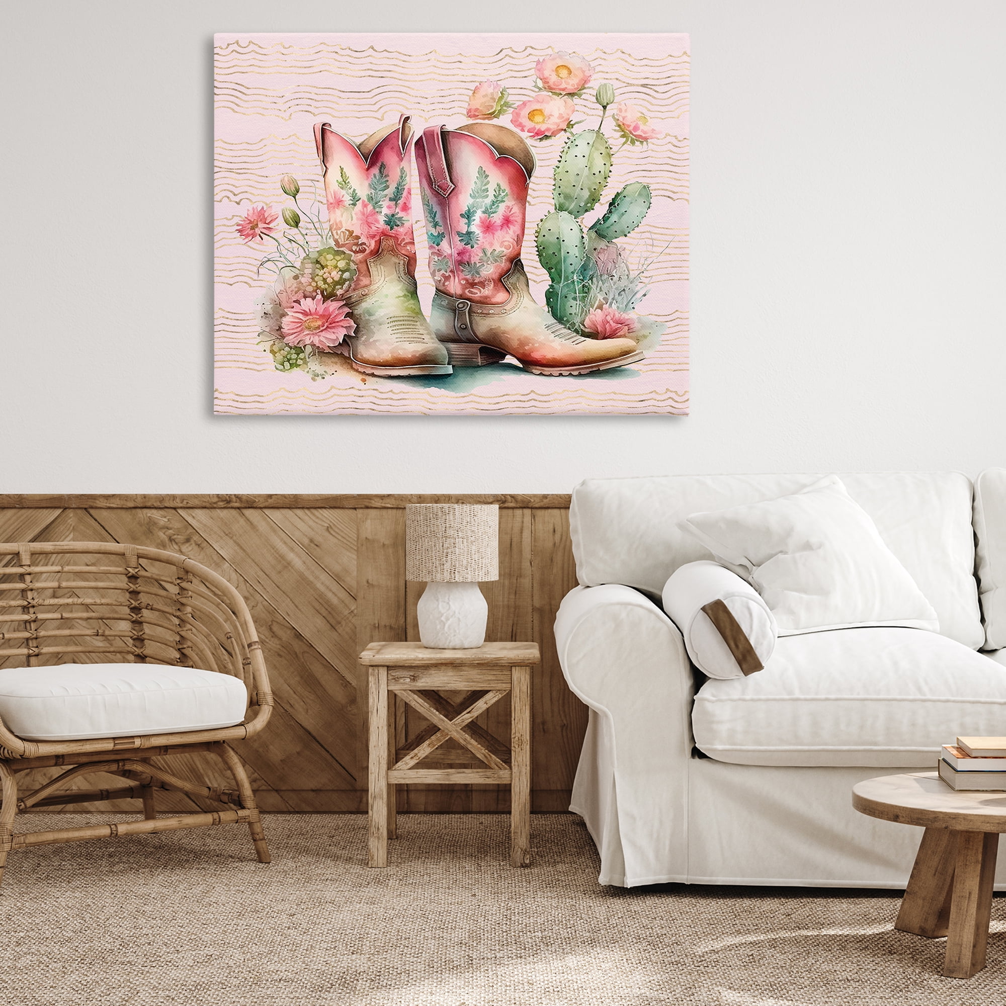 Stupell Industries Country Boots with Cacti Plants & Flowers Painting Wrapped Canvas Art Print Wall Art, 48 x 36