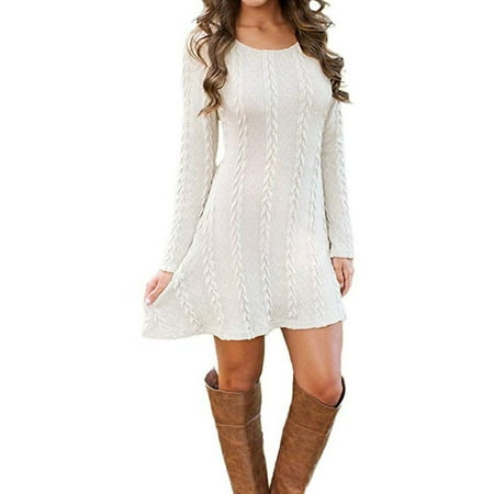 Womens Knitted Crewneck Sweater Dress