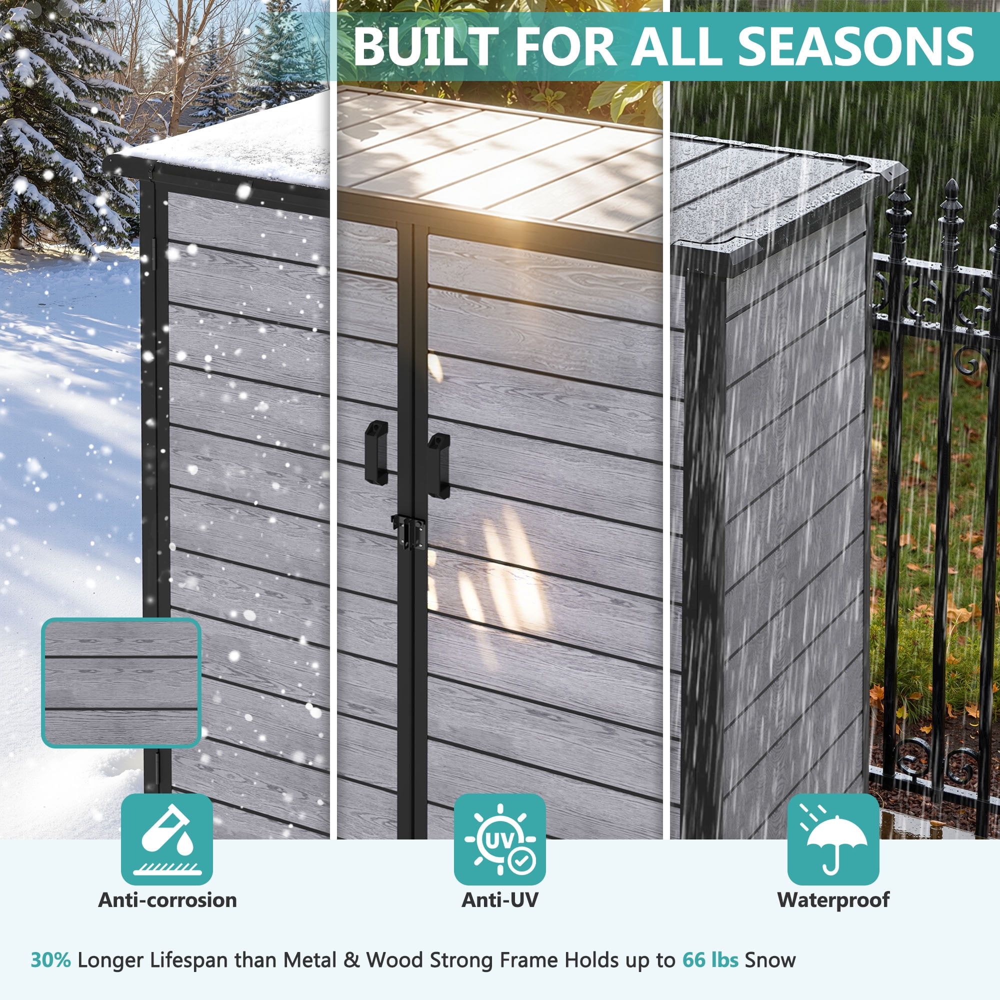 4.6x3FT Resin Storage Shed, Outdoor Lockable Cabinet with Floor and 2-Tier Shelf, Quick AssemblyDouble-Door Plastic Shed w/Floor & Sloping Top