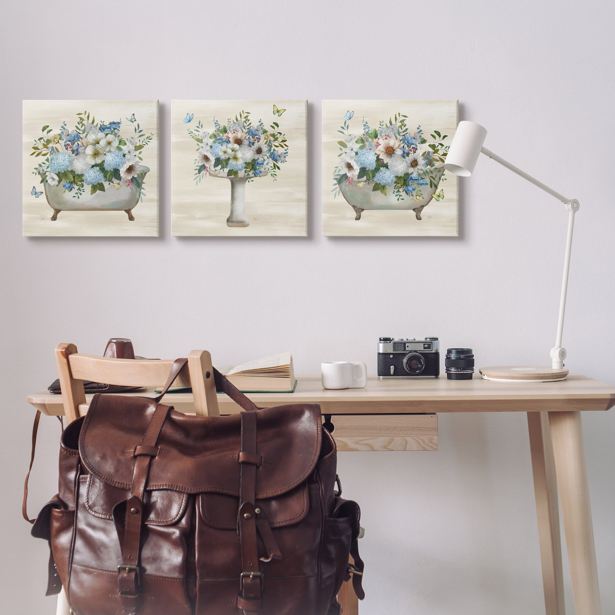 Stupell Industries Country Flower Bathroom Botanical & Floral Painting Gallery Wrapped Canvas Art Print Wall Art, 17 x 17, Set of 3