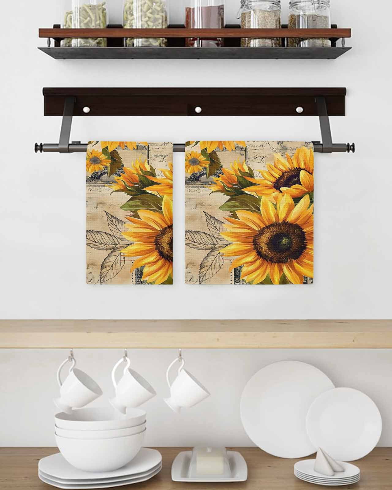 Yellow Sunflower Hand Towels Set, Waffle Weave Kitchen Towels 2 Pieces, Watercolor Retro Floral Plant Leaf Microfiber Hair Face Bath Tea Towel Absorbent Quick Drying Cleaning Dish Cloths 15.7"x23.6"
