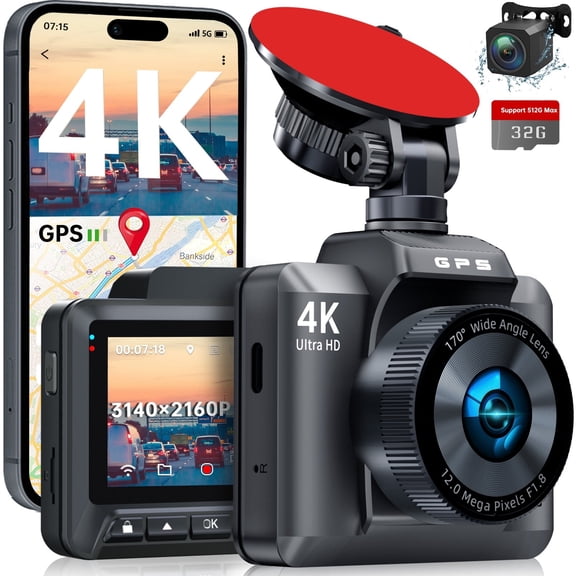 Pre-Owned FFN Dash Cam Front and Rear, 4K Dash Cam with WiFi & GPS, Dash Camera for Cars, Dashcam with APP, Car Camera with G-Sensor, Night Vision, WDR, Loop Recording, Parking Mode, Free 32GB SD Card
