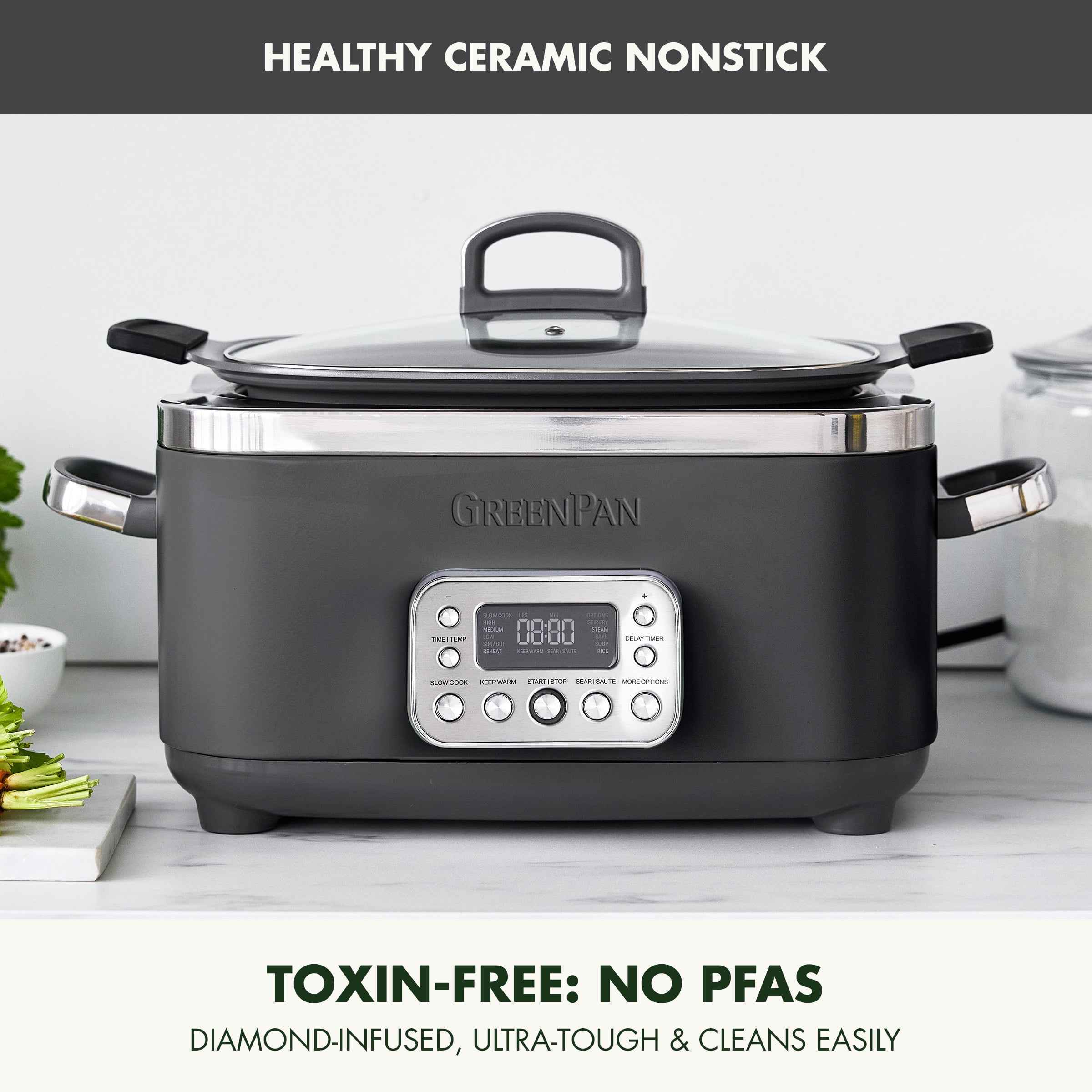 GreenPan 6-Quart, 14-in-1 Slow Cooker, Family Size, Ceramic Nonstick, Dishwasher Safe Parts, Graphite