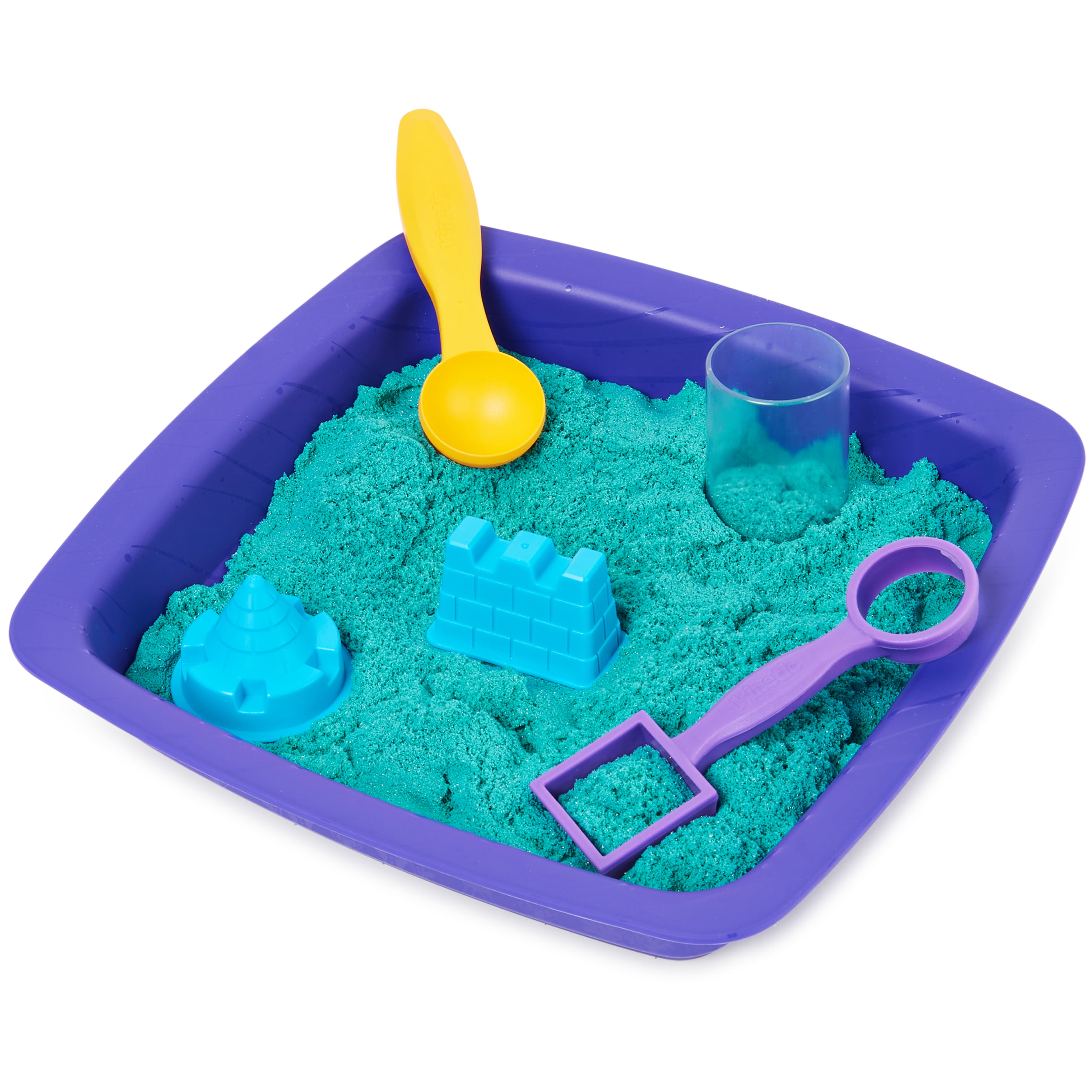 Kinetic Sandcastle Set 3 Molds 1 Tool Sand box & Over 1lb Kinetic Sand Blue  &Prp