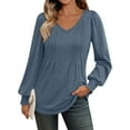 thumbnail image 2 of BiZtdJrK Womens V Neck T Shirts Pleated Front Cuff Long Sleeve Tunic Tops Lightweight Loose Solid Casual Fall Tee Shirt Blue XXL, 2 of 7