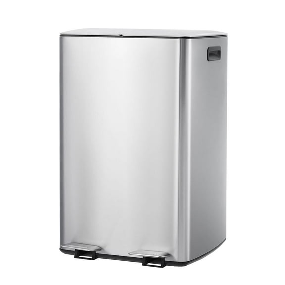 16 Gal (2 x 8 Gal) Dual Trash Can,Kitchen Garbage Can with Soft-Close Foot Pedal,Lid and Inner Bucket,Double Compartment Trash and Recycle Bin Combo,Sliver