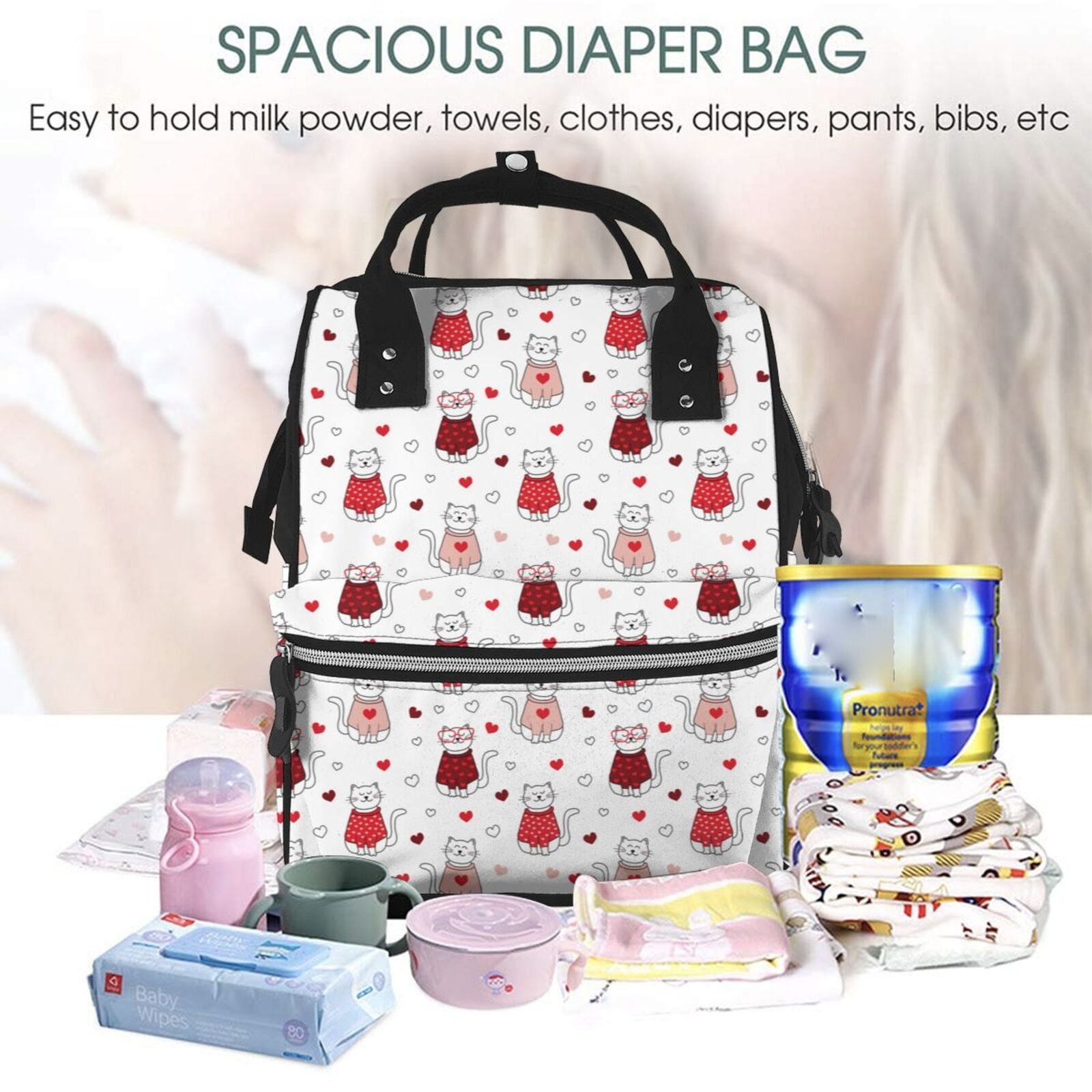 Fuzoiu cute cat hearts Print Diaper Bag Backpack,Baby Essentials Travel Tote,Multi function Waterproof Diaper Bag, Travel Essentials Baby Bag - Unisex