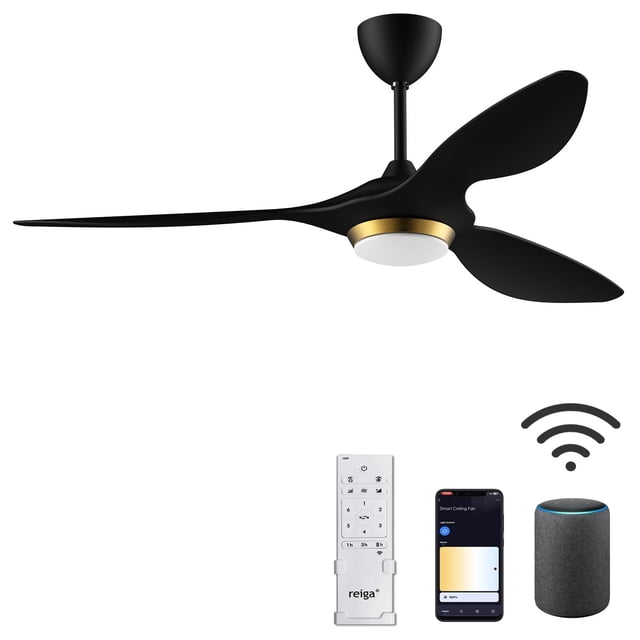 reiga - Ventiladores de techo negro dorado de 52 pulgadas con luces LED regulables, control remoto, WiFi, moderno, motor CC silencioso de 3 aspas para sala de estar, recámara, patio, garage, certifica
