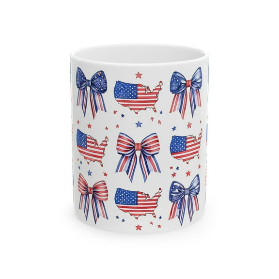 Patriotic Ceramic Mug | 4th of July Coffee Cup | USA Bows & Stars | Gift for Independence Day, Veteran's Day, Memorial Day Mug 11oz