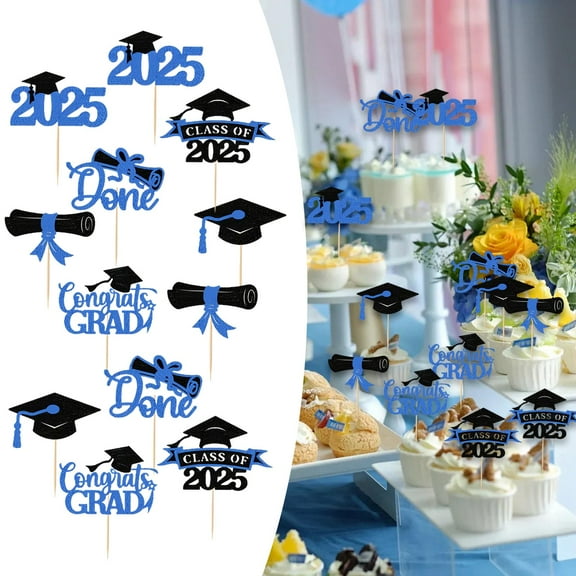 Sharprepublic 12 Pieces Graduation Cupcake Toppers 2025, Graduation Theme Party Decorations, Class of 2025 Cake Topper Glitter Design Blue