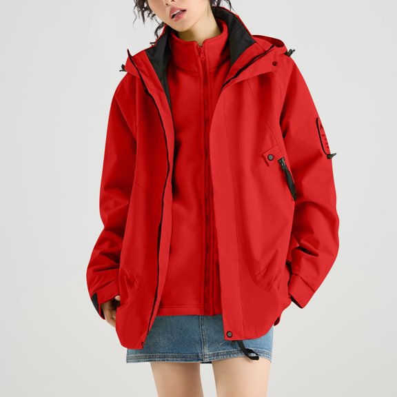 Guieoi Jackets for Women Clearance under $10.00 Women's Fashion Solid Color Long Sleeve Pocket Zipper Outdoor Waterproof Rain Jackets Windbreaker Coat Red Black*Friday/Cyber*Monday Clearance
