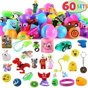 60 Pcs Toys Plus Stickers Pre Filled Easter Eggs, 2 3/8 â€ Bright Colors Easter Eggs for Easter Basket Stuffers, Easter Party Favors, Easter Egg Hunt, Classroom Events
