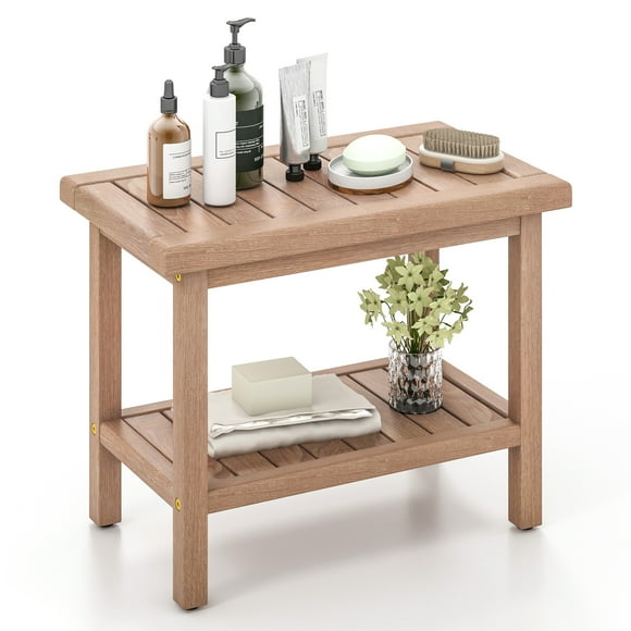 Costway 21" Indonesia Teak Wood Shower Bench 2-Tier Waterproof Bath Spa Stool with Storage Shelf