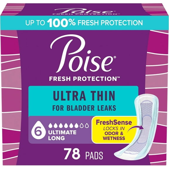 Ultra Thin Incontinence Pads & Postpartum Pads for Bladder Leaks, 6 Drop Ultimate Absorbency, Long Length, 78 Count, Packaging May Vary