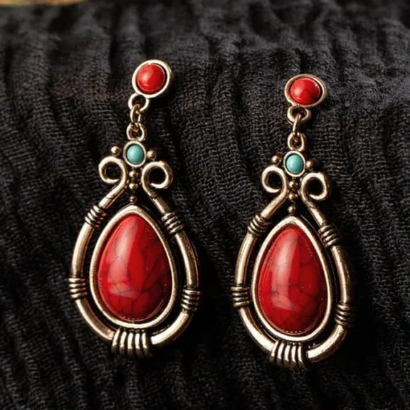 HOOUN Fashion 925 Silver Red Stone Earrings Ear Hook Women Wedding Drop Dangle Jewelry-Gold