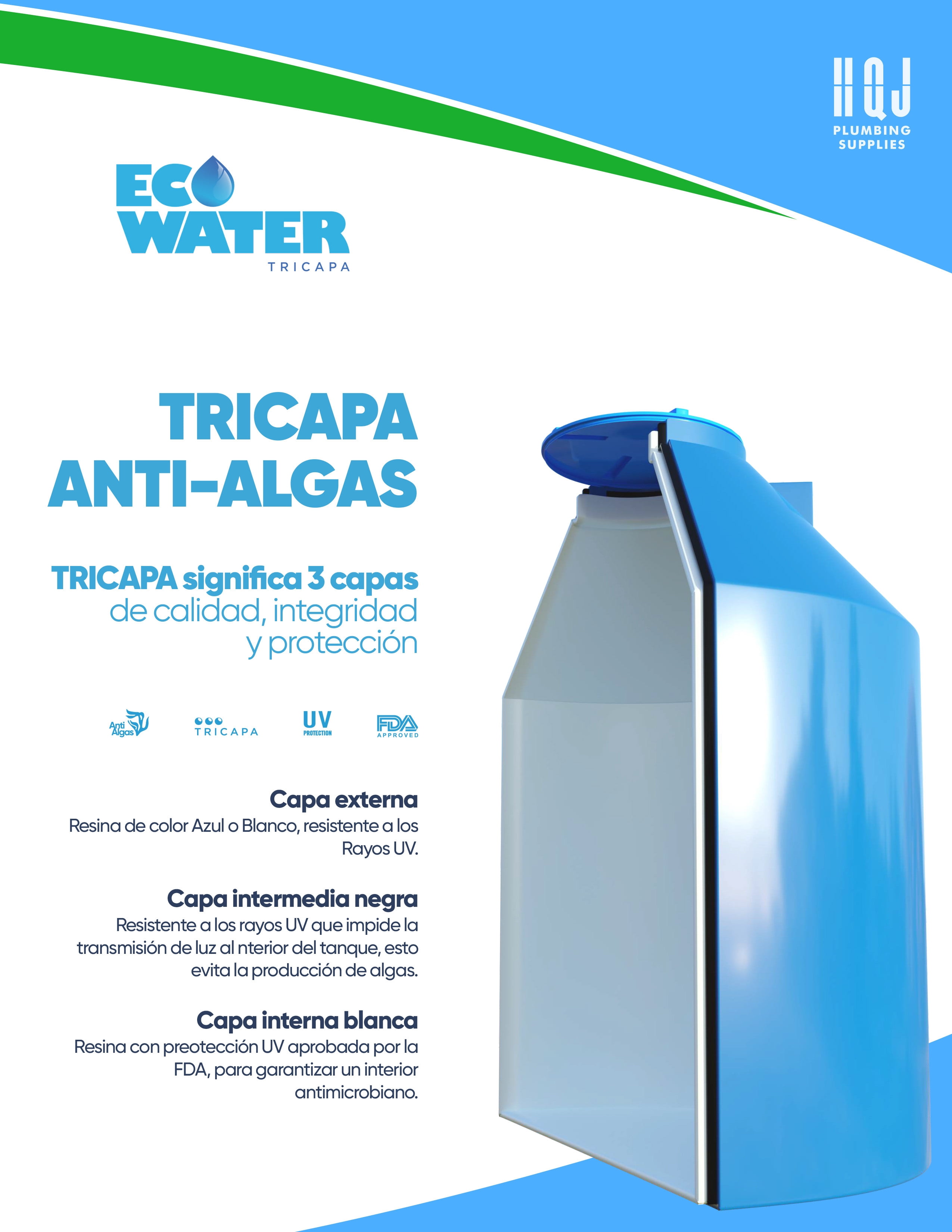 Eco Water Blue Color 200 Gals Water Tank, Weight 1660 Pounds.