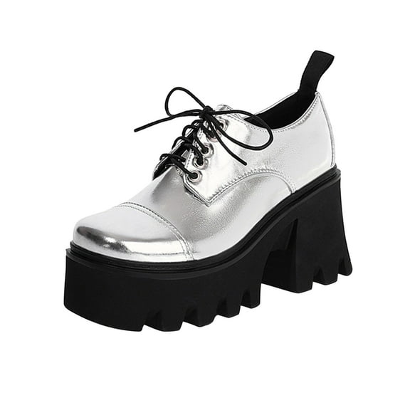 jsaierl Platform Boots for Women Shinny Waterproof Classic Lace-up Leather Shoes Ankle Boots