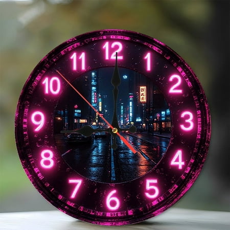 Neon Cityscape Clock Wall Art Pink Numbers 10-Inch Silent Wooden Wall Clock, Battery Operated (AA Batteries Not Included), Artistic Home Decor