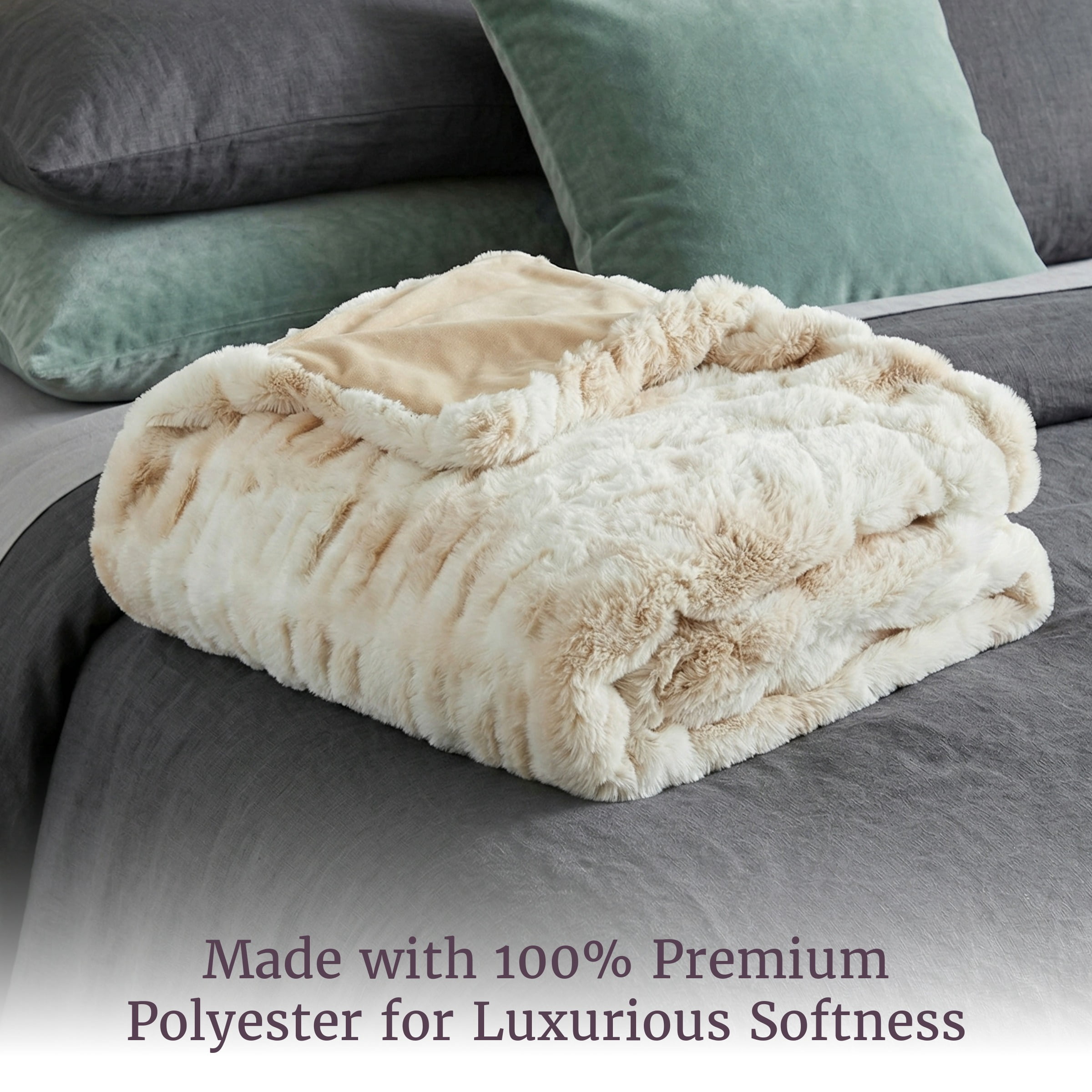 Lavish Home 60x80 Ruched Jacquard Faux Fur Blanket for Sofa and Bed, Cream