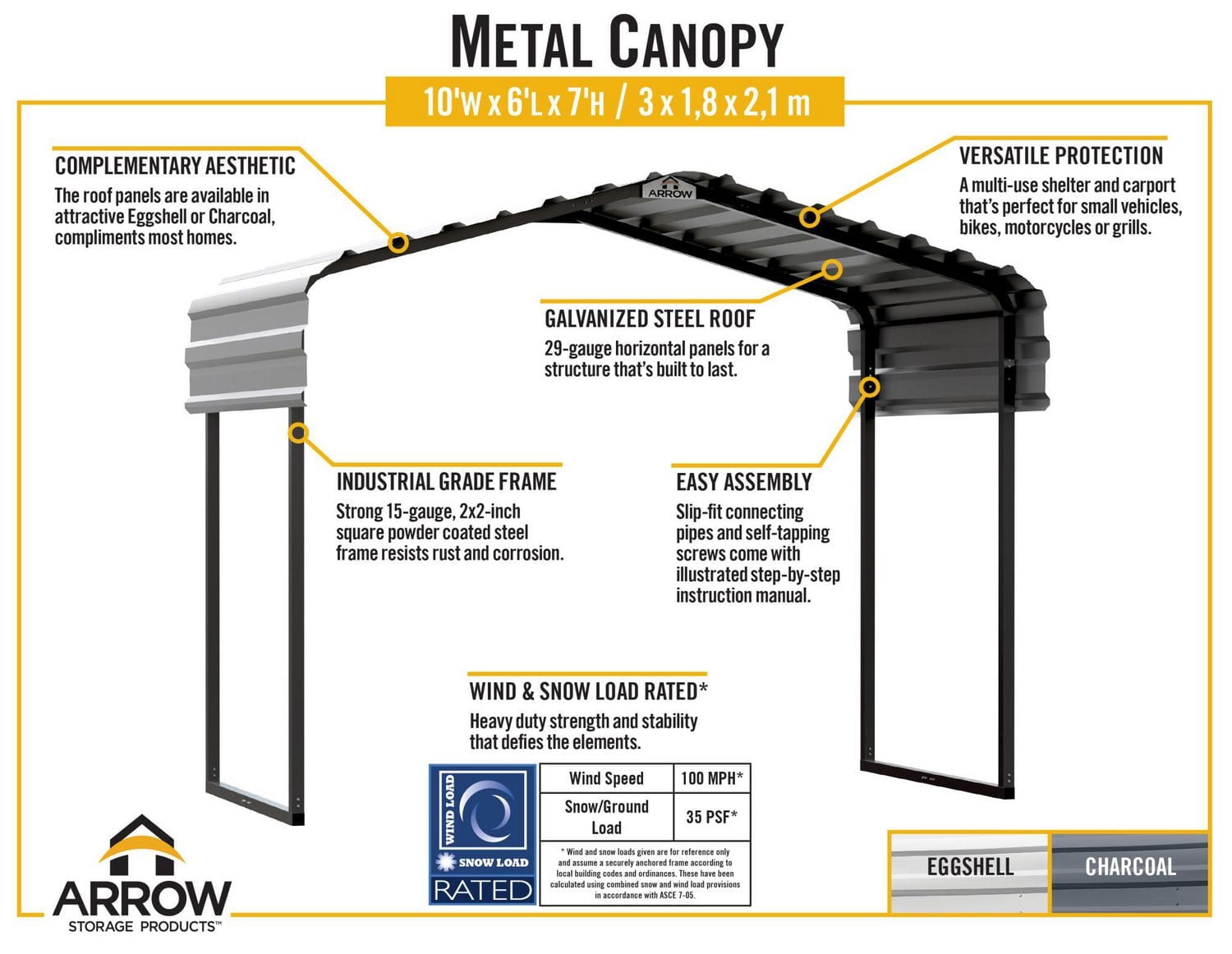 Arrow Metal Canopy 10 x 6 x 7 ft.  Charcoal