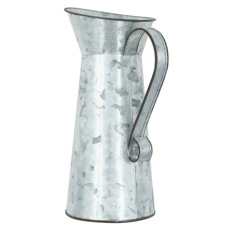 Vintage Galvanized Silver Metal Pitcher Vase w/ Copper Strip