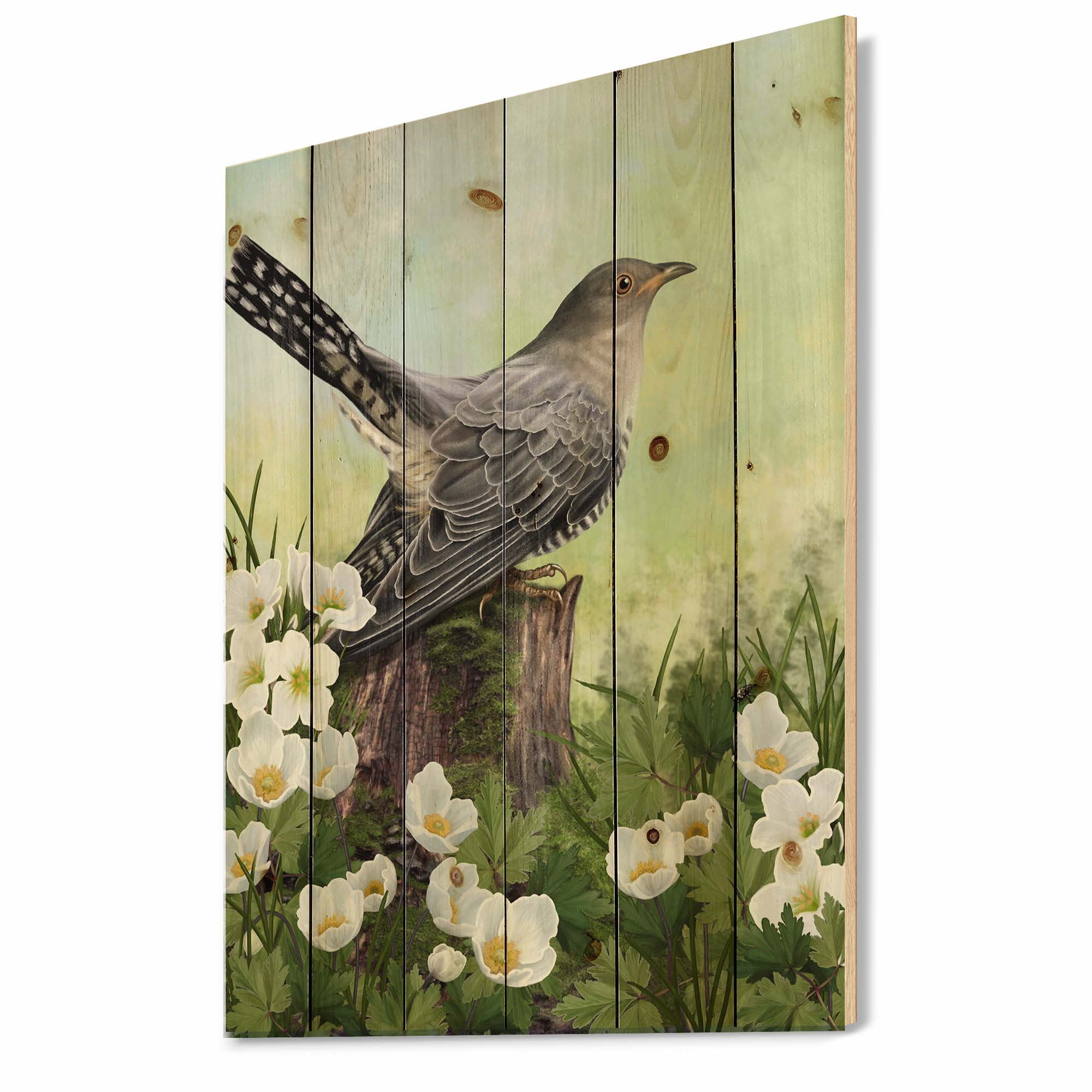 Designart 'Cuckoo Bird On An Old Stump and White Flowers' Traditional Print on Natural Pine Wood