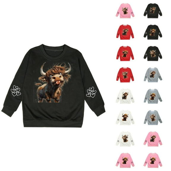 Cute Highland Cow Sweatshirts for Girls Boys Long Sleeve Crewneck Western Country Christmas Graphic Sweatshirt Pullover Tops