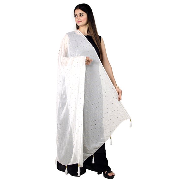 Chandrakala Women's Indian White Rubber print Chiffon Dupatta Neck Wrap Long Stole Scarf Chunni,Free Size (D191WHI)