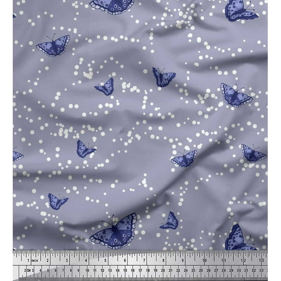 Soimoi Grey Georgette Viscose Fabric Dot & Butterfly Print Fabric by the Yard 42 Inch Wide