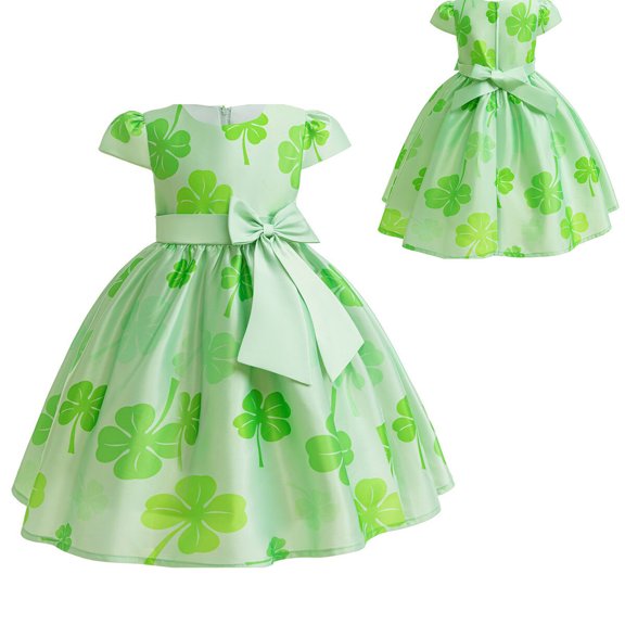Girl St Patricks Day's Costume Short Sleeve Shamrock Bowknot Outfits, 3-10Y