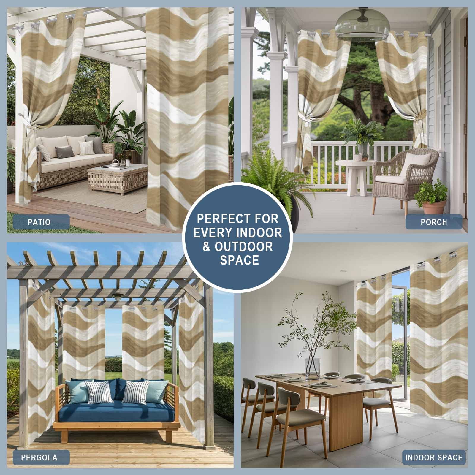 Brown Ocean Waves Outdoor Curtains for Patio, Abstract Modern Ombre Stripes Sunshade Privacy Drapes Grommet Waterproof Outside Curtains for Porch/Cabana/Balcony 54"x 108", 1 Panel
