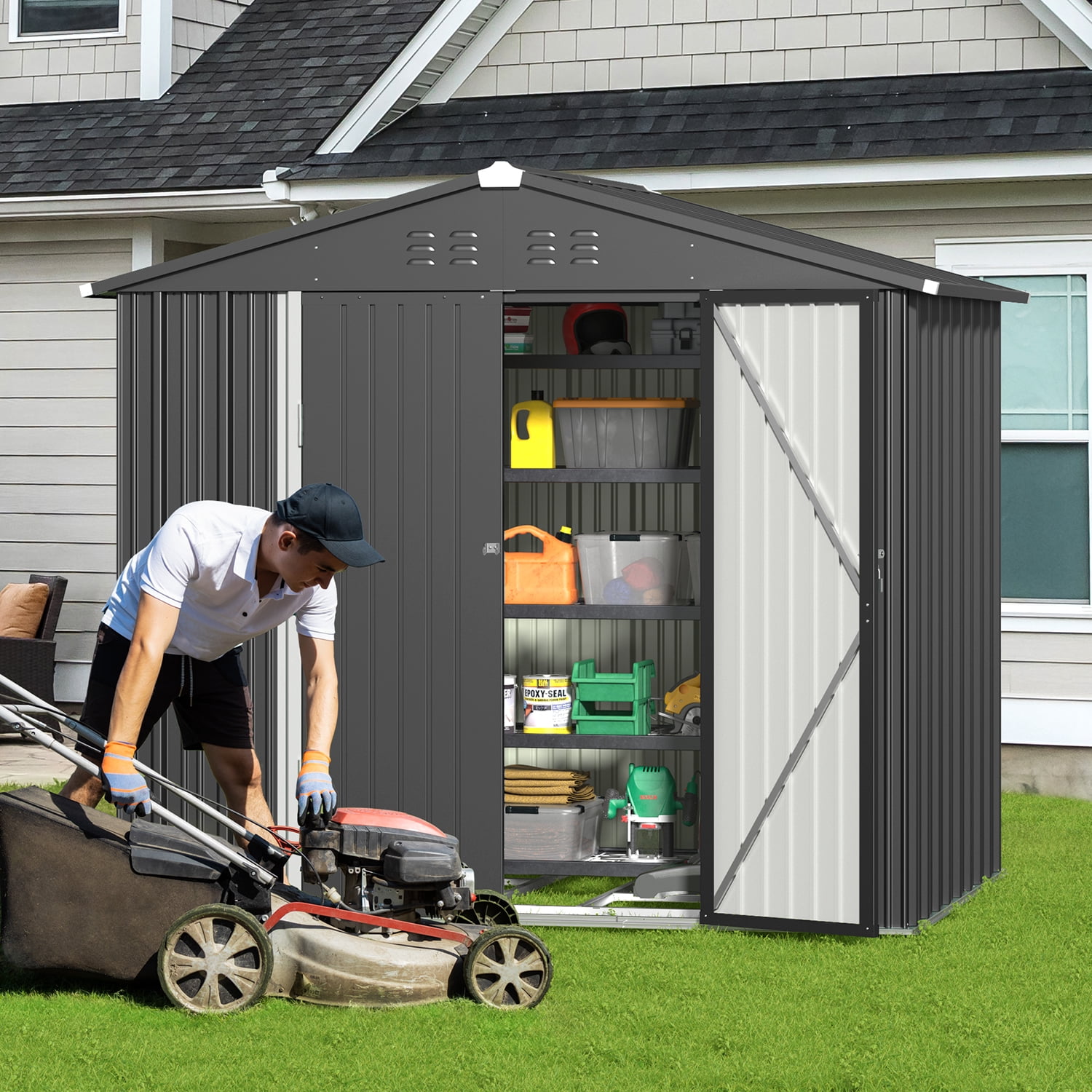 8' x 6' Outdoor Storage Shed, Lofka Garden Metal Shed with Double Lockable Doors and Air Vents for Patio, Garden, Backyard, Lawn, Gray
