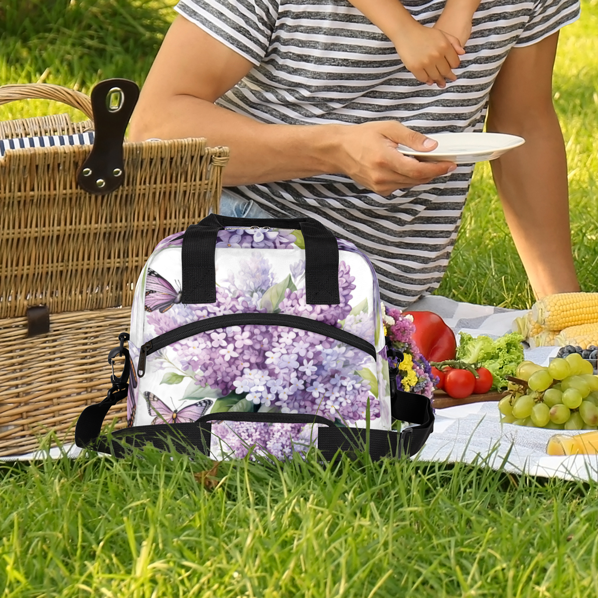 Herdesigns Purple Hydrangea Butterfly Insulated Lunch Bag for Women Men Adults Large Reusable Lunch Box Leakproof Portable Cooler Tote Bags with Adjustable Shoulder Strap