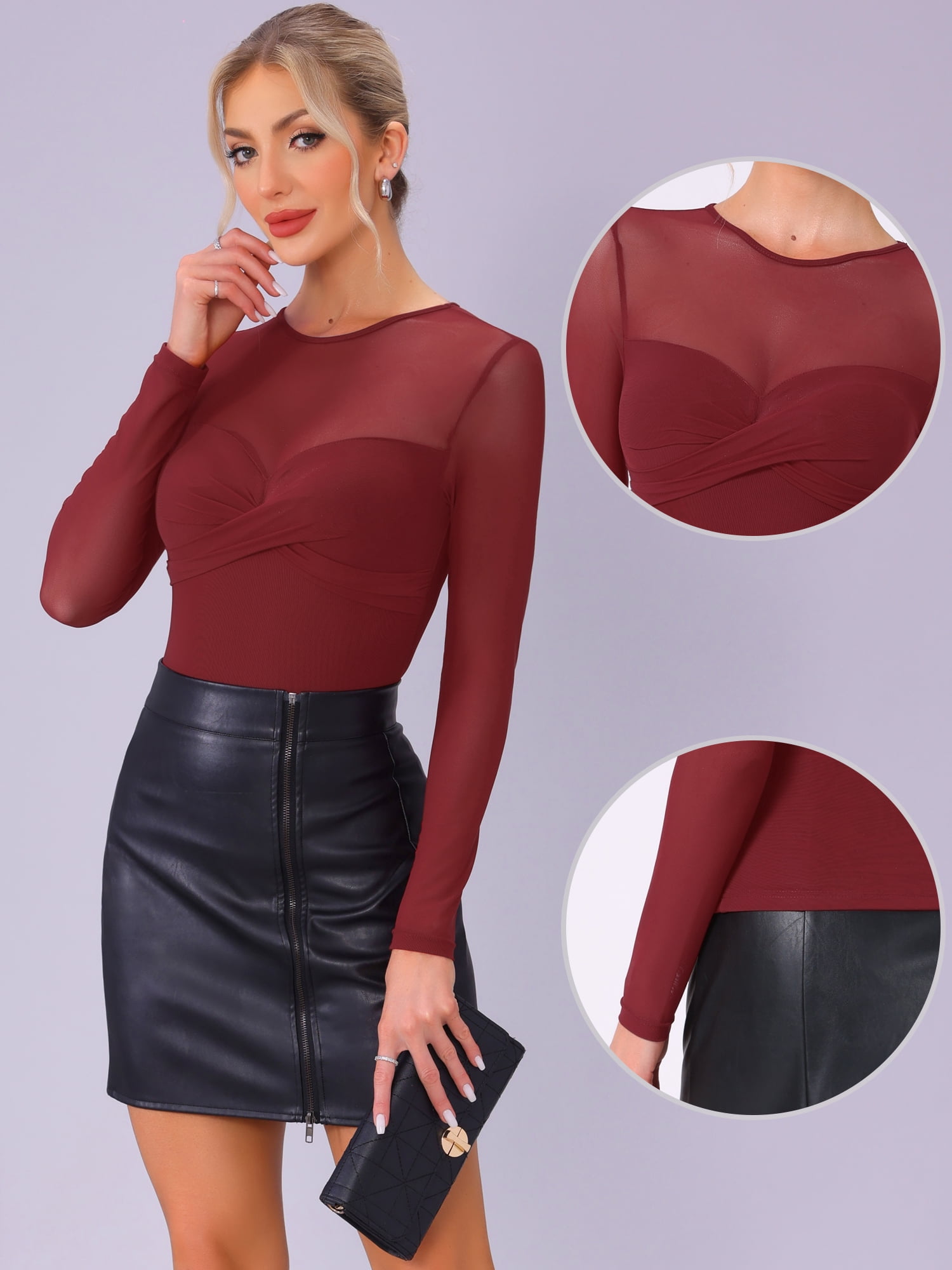 DARING DIVA Women's Mesh Long Sleeve See Through Sheer Top XS Dark Red