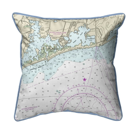 Betsy Drake HJ13215C 18 x 18 in. Block Island Sound - Charleston, RI Nautical Map Large Corded Indoor & Outdoor Pillow