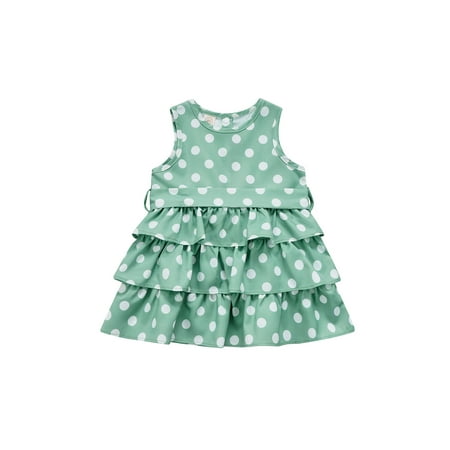 

Girls Summer Casual Dress Green Sleeveless Layered Ruffle Dot Print Dress with Belt