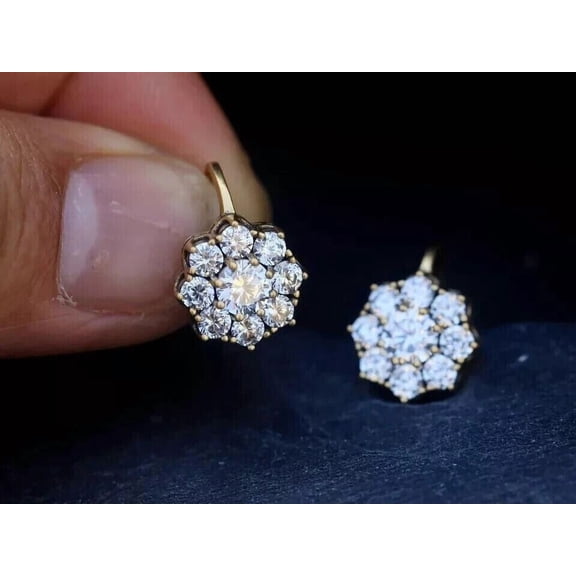 Women's Moissanite 2 Ct Round Cut Drop Dangle Flower Earrings 14K Yellow Gold Plated