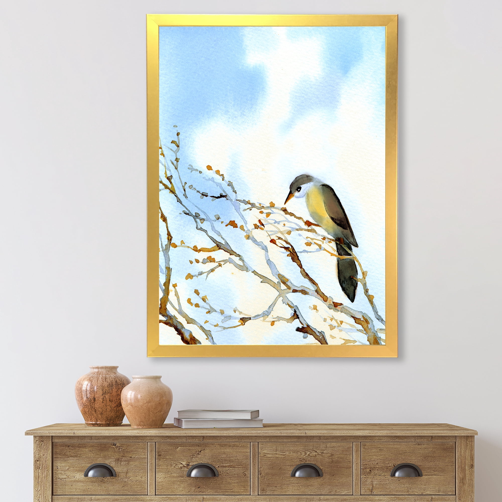Designart 'Old Bird Sitting On Tree' Traditional Framed Art Print