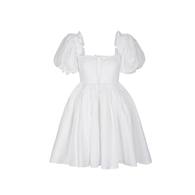 Capreze Women Short Mini Dresses Square Neck Sundress Solid Color T Shirt  Dress Loose Sleeveless White M 